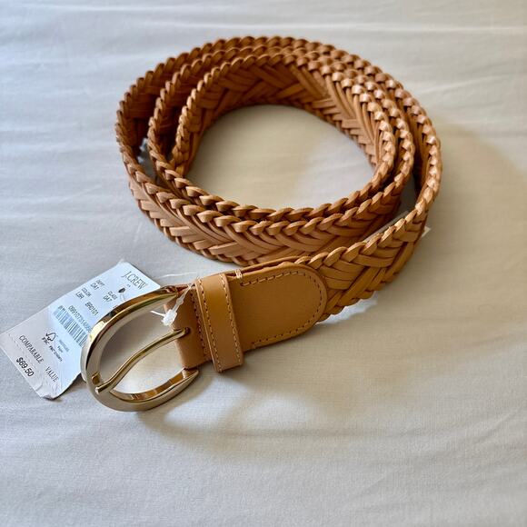 JCrew Woven Tan Leather Belt Womens L/XL Silver Buckle NWT - Picture 2 of 6